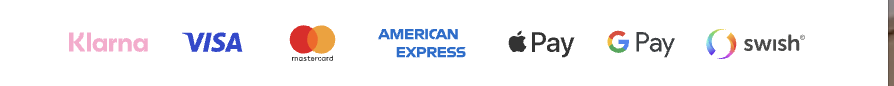 Klarna, Visa, Mastercard, American Express, Apple Pay, Google Pay och Swish